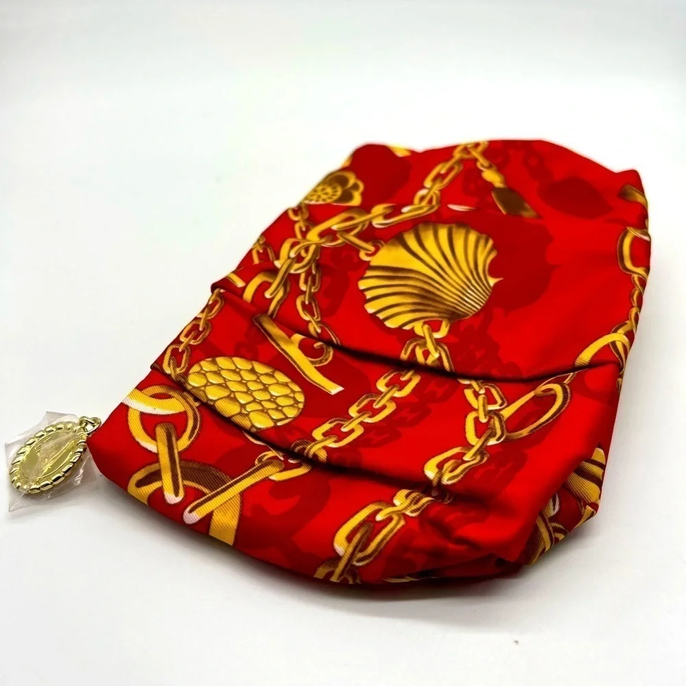 Estée Lauder red and gold cloth pleaded cosmetic bag NEW